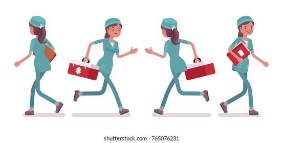 Female Nurse Walking. Young Woman In Hospital Uniform Employed In Clinic, Busy At Work. Medicine, Healthcare Concept. Vector Flat Style Cartoon Illustration Isolated On White Background, Front, Rear