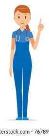 A female nurse wearing a blue scrub is pointing