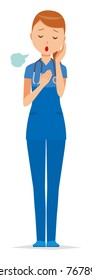 A female nurse wearing a blue scrub is sighing