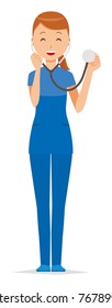 A female nurse wearing a blue scrub has a stethoscope