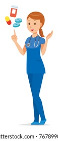 A female nurse wearing a blue scrub explains the medicine