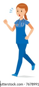 A female nurse wearing a blue scrub is running