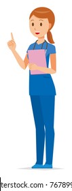 A female nurse wearing a blue scrub is pointing to a file with a file