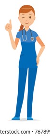 A female nurse wearing a blue scrub is doing a good sign