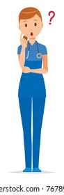 A female nurse wearing a blue scrub is thinking