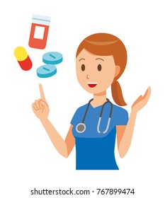 A female nurse wearing a blue scrub explains the medicine