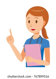 A female nurse wearing a blue scrub is pointing to a file with a file