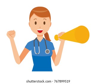 A female nurse wearing a blue scrub has a megaphone