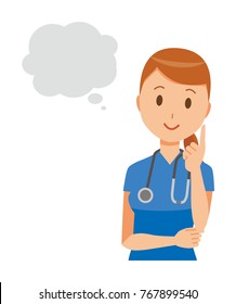 A Female Nurse Wearing A Blue Scrub Is Thinking