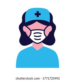 female nurse wearing medical mask flat style icon vector illustration design