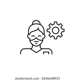 Female nurse wearing surgical mask and cogwheel. Physician interface settings, medical workflow optimization, healthcare technology management, clinical decision support, doctor dashboard configuratio