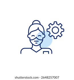 Female nurse wearing surgical mask and cogwheel. Physician interface settings, medical workflow optimization, healthcare technology management, clinical decision support, doctor dashboard configuratio