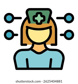 Enfermeira feminina vestindo um uniforme e um chapéu com uma cruz médica é cercada por ícones representando multitarefas