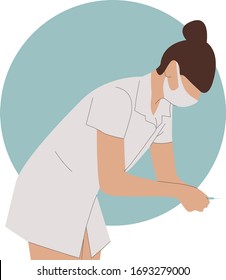 Female nurse wearing uniform holds a syringe to do an injection vector illustration. Medical drug injection and vaccination,