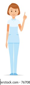 A female nurse wearing a white uniform is pointing