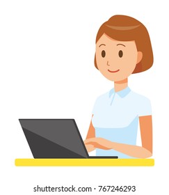 A female nurse wearing a white uniform is operating a laptop computer