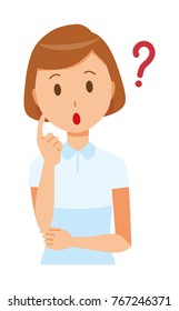 A female nurse wearing a white uniform thinks