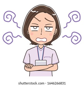 A female nurse wearing a whitish uniform.She has negative emotions.