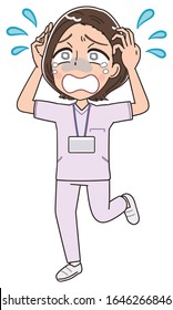 A female nurse wearing a whitish uniform.She has negative emotions.
