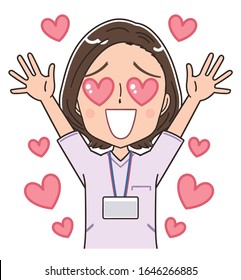 A female nurse wearing a whitish uniform.She has positive emotions.