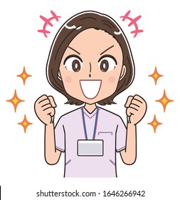 A female nurse wearing a whitish uniform.She has positive emotions.