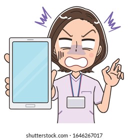 A female nurse wearing a whitish uniform.She uses a smartphone.