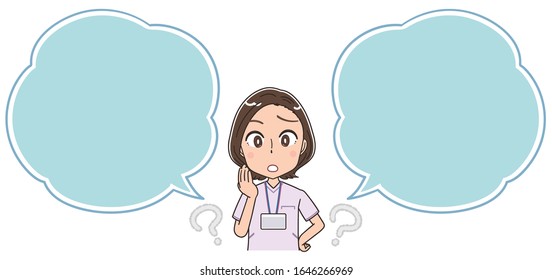 A female nurse wearing a whitish uniform.With speech balloon.