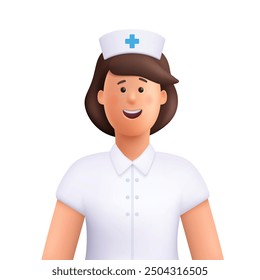 Female nurse in white uniform with medical cross symbol. Medicine and healthcare concept. 3d vector people character. Cartoon minimal style.