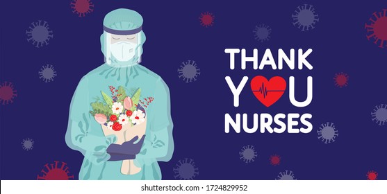 Female Nurse At Work In Personal Protective Equipment Holding Flowers, Pandemic Coronavirus Covid-19 Background. Thank You Nurses Appreciation. 12 May International Nurse Day Gratitude  Vector Banner.