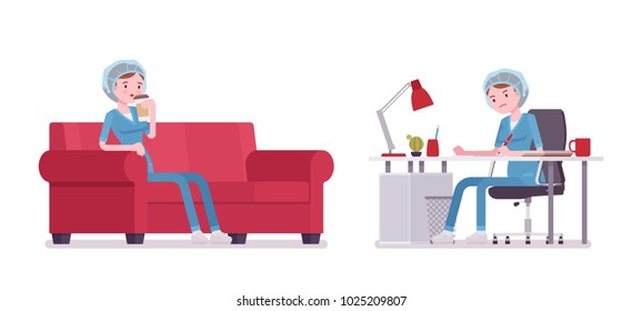 Female nurse working and resting. Young woman in hospital uniform at desk and on sofa after duty. Medicine and healthcare concept. Vector flat style cartoon illustration isolated on white background