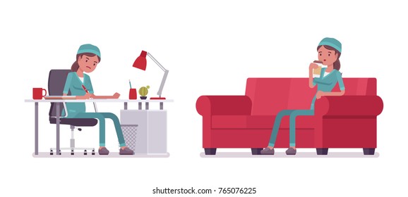 Female nurse working and resting. Young woman in hospital uniform at desk and on sofa after duty. Medicine and healthcare concept. Vector flat style cartoon illustration isolated on white background