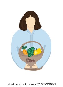 Female nutritionist with a basket of vegetables and fruits. Diet plan and organic healthy food. Vector, illustration.