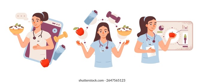 Female nutritionist creating a personalized diet plan. Nutritionist concept. Wellness, health, and balanced eating. Flat vector illustration.
