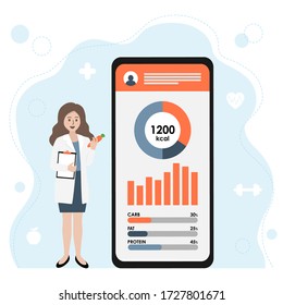 Female nutritionist or dietitian doctor holding vegetable and clipboard. Smartphone with health monitoring, nutrition chart control. Healthcare and weight loss concept. Flat vector illustration.