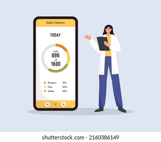 Female nutritionist or dietitian doctor holding clipboard. Smartphone with health monitoring, nutrition chart control. Healthcare and weight loss concept. Flat vector illustration.