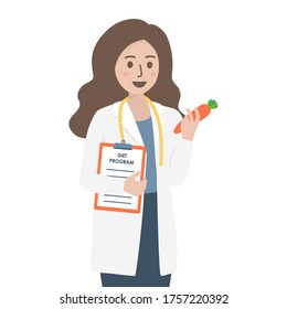 Female nutritionist, dietitian doctor with measuring tape, vegetable and clipboard isolated on white background. Healthy diet, weight loss and nutrition consultation concept. Flat vector illustration.