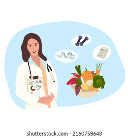 Female nutritionist, dietitian doctor with measuring tape, scale, vegetable and clipboard. Healthy diet, weight loss and nutrition consultation concept. Flat vector illustration.