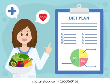 Female nutritionist or dietitian doctor in white uniform holding fresh fruits and vegetables. Clipboard with diet plan paper form on blue background. Healthcare, healthy food and nutrition concept.