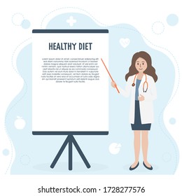 Female nutritionist doctor or dietician with stethoscope standing, pointing with pointer at blank board for text or design. Healthcare, nutrition diet and weight loss concept. Flat vector illustration