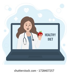 Female Nutritionist Doctor Or Dietician With Stethoscope Holding Fresh Fruit On Laptop Screen. Online Diet Consultation, Healthcare And Nutrition Plan Concept. Flat Style Vector Illustration.