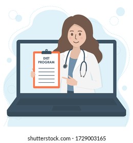 Female nutritionist doctor or dietician with stethoscope holding and pointing at clipboard on laptop screen. Online diet consultation, healthcare and nutrition plan concept. Flat vector illustration.