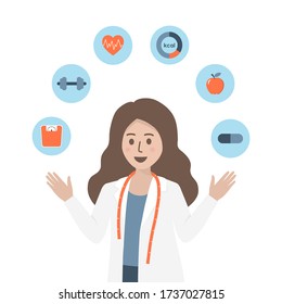 Female nutritionist doctor or dietitian with measuring tape and health icons isolated on white background. Medical consultation, healthcare and nutrition diet plan concept. Flat vector illustration.