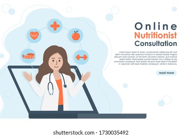 Female nutritionist doctor or dietitian with stethoscope, health icons on laptop screen. Online medical consultation, healthcare and nutrition diet plan concept. Flat vector. Copy space for text.