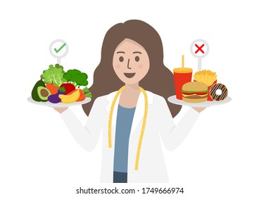 Female nutritionist doctor holding fresh fruits, vegetables and fast food. Food choice, healthy and unhealthy food. Diet decision, healthy lifestyle and weight loss concept. Flat vector illustration.