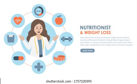 Female nutritionist doctor with measuring tape, surrounding with health icons on white background with copy space. Diet consultation, nutrition plan and weight loss concept. Flat vector illustration.