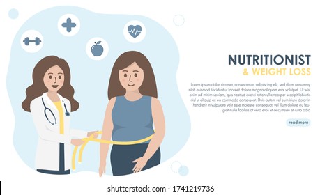 Female nutritionist doctor with stethoscope measuring obese female patient waist, health icons. Healthy diet, nutrition consultation and weight loss concept. Flat vector illustration. Copy space.