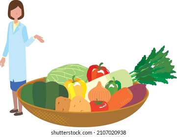 A female nutritionist explaining the vegetables in the basket