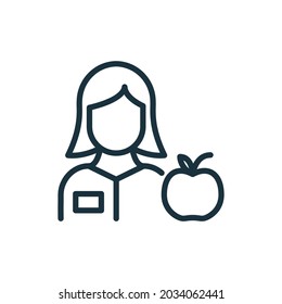 Female Nutritionist Line Icon. Dietitian Woman Doctor Linear Pictogram. Nutrition Specialist Advice Healthy Food Outline Icon. Editable Stroke. Isolated Vector Illustration.