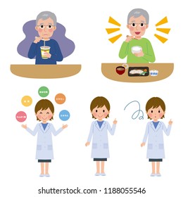 A female nutritionist with old people/ In Japanese it is written "Protein, lipid, carbohydrate, vitamin, mineral"