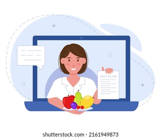 Female nutritionist on laptop screen with diet plan and fruits in hands. Online medical consultation. The concept of diet and healthy eating. Vector illustration